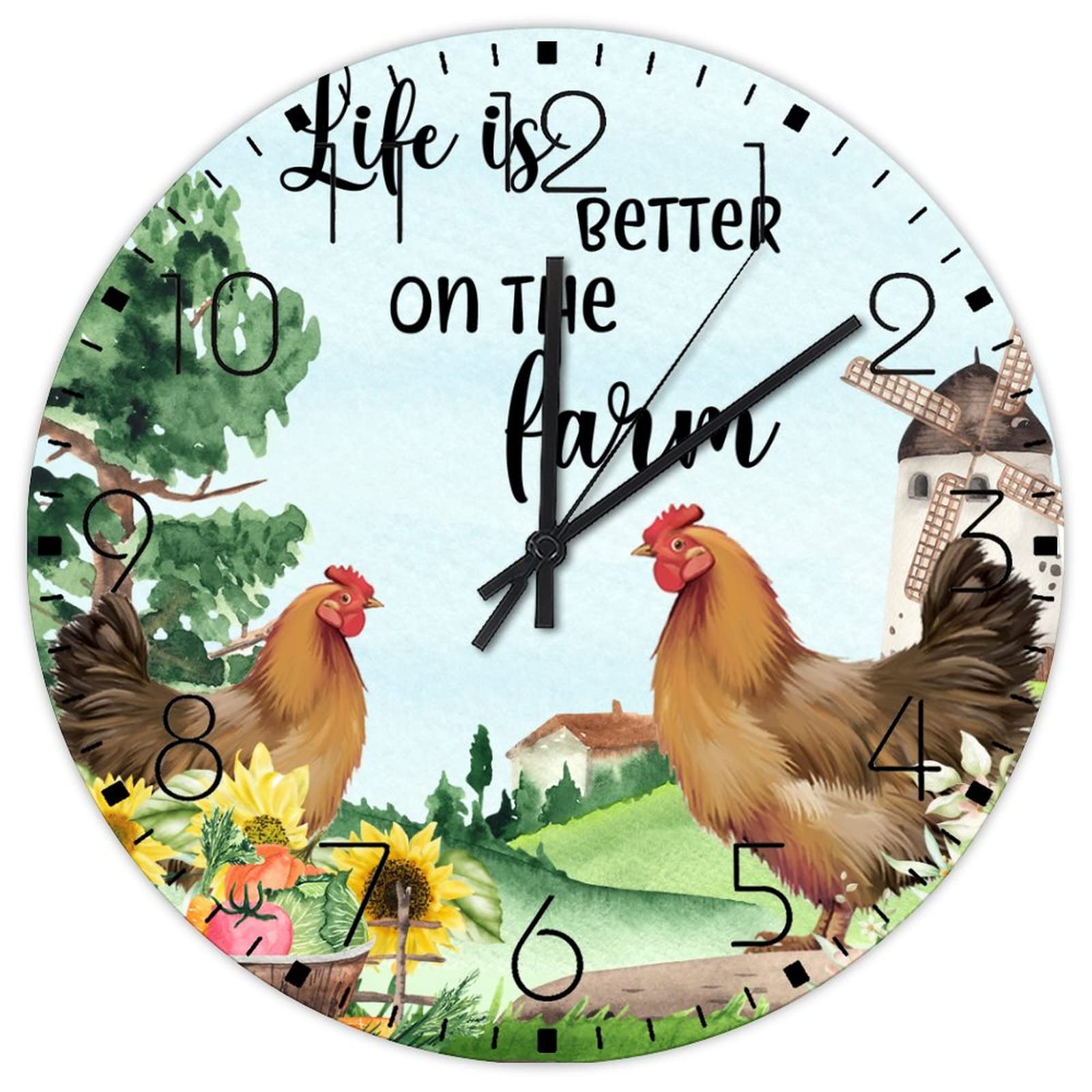 Horloge murale rétro La vie est meilleure à la ferme en bois silencieux motif tournesol et coq