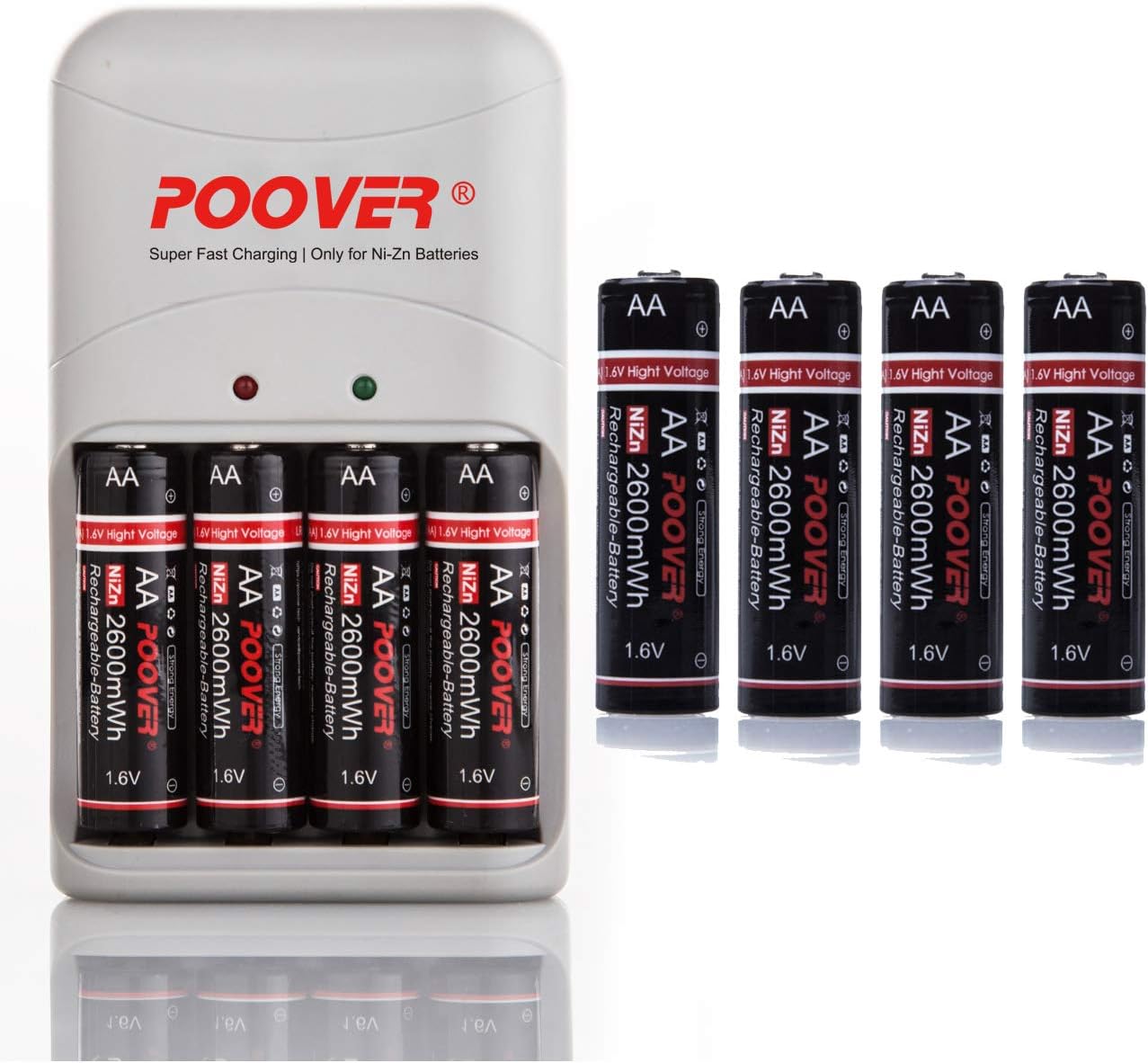 Rechargeable AA Batteries,POOVER 1.6V Pre-charged Double A battery 2600mWh Ni-Zn with Charger