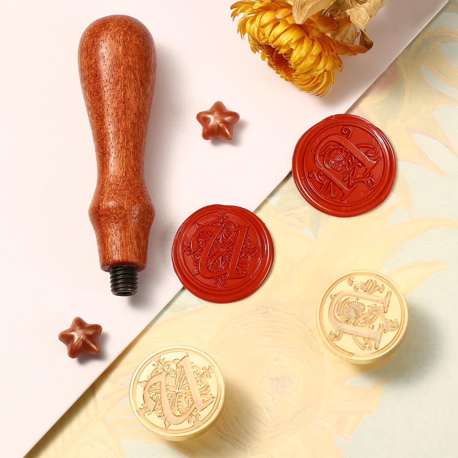 Comealltime Pack of 2 Retro Alphabet Sealing Wax Stamps, A~Z Initials Wax Stamp with Wooden Handle - Image 2