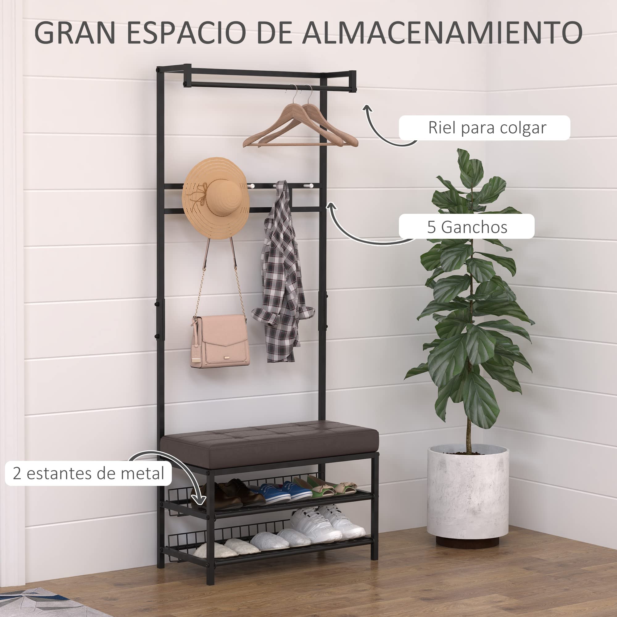 HOMCOM Perchero de Entrada Recibidor Perchero Zapatero con Asiento Acolchado 2 Estantes para Zapatos y 5 Ganchos 72,5x35x180 cm Negro