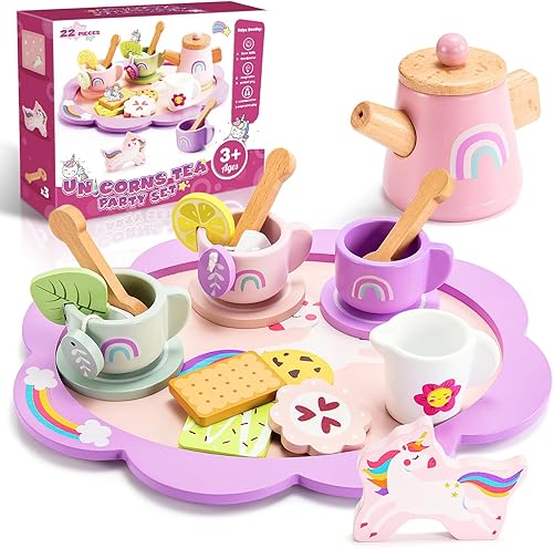 Juegos de té de unicornio para niñas 22 piezas de madera para fiestas de té para niñas pequeñas, juguetes de cocina para niños pequeños de 3, 4, 5