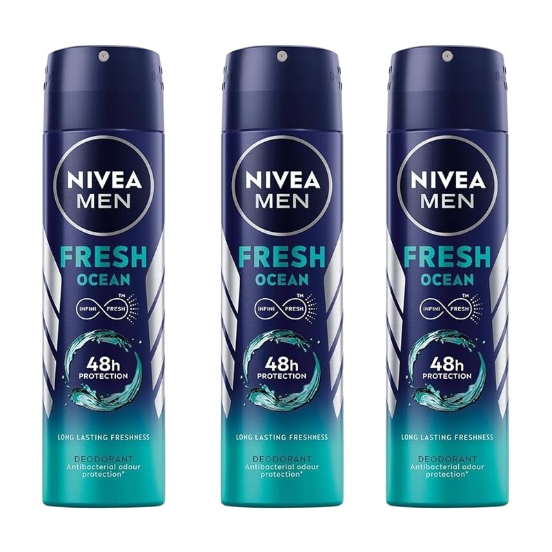 Desodorante em spray NIVEA MEN Fresh Ocean com extratos oceânicos, fragrância cítrica, lavanda e âmbar, 150 mL, pacote com 3