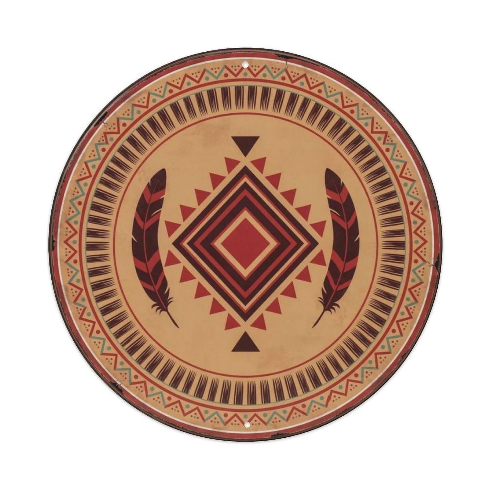 Southwestern Geometric Diamond Feather Round Metal Tin Sign Plaque