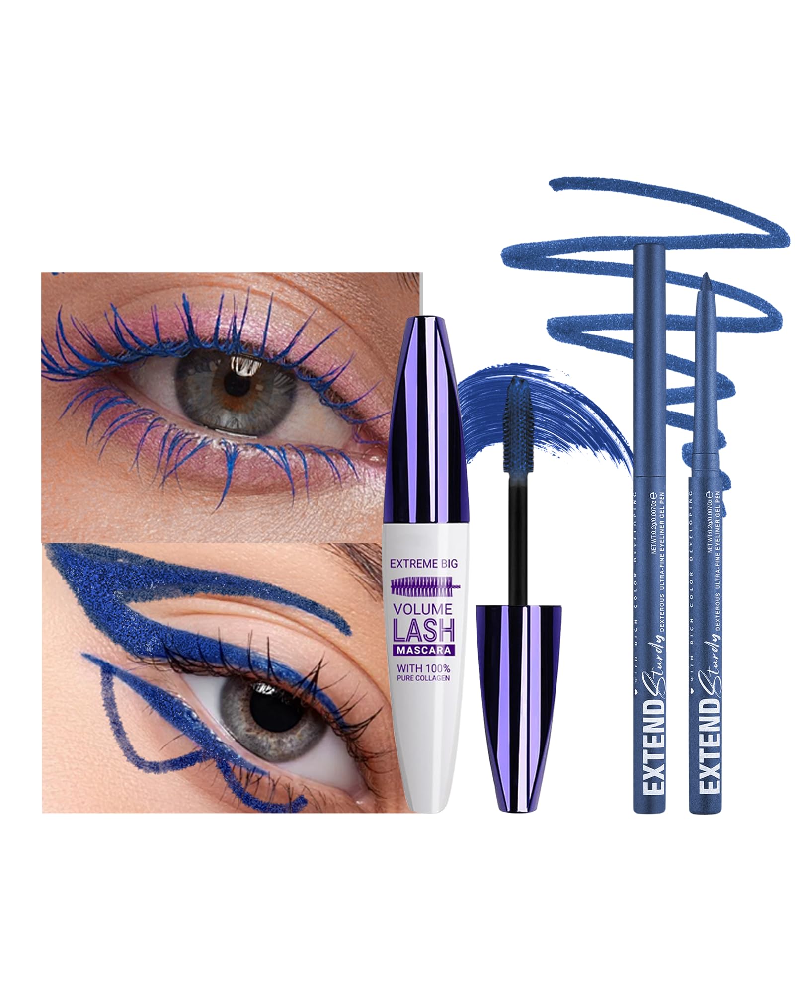 Blue Mascara and Eyeliner Set, Waterproof Mascara Makeup for Women-Set 06 02# Navy Blue