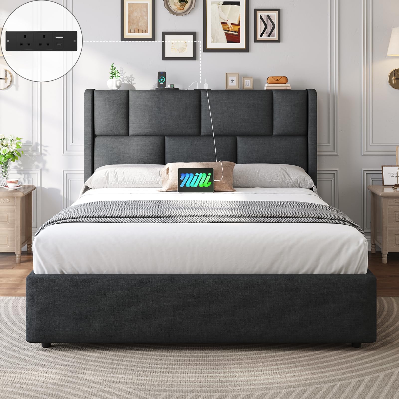 Brinlawb Double Ottoman Bed Frame with Hydraulic Storage, Upholstered Double Bed Frame with Adjustable Headboard and Power Strip, 135x190 cm Platform Bed Frame with Ample Under-Bed Storage Space, Grey — image 1