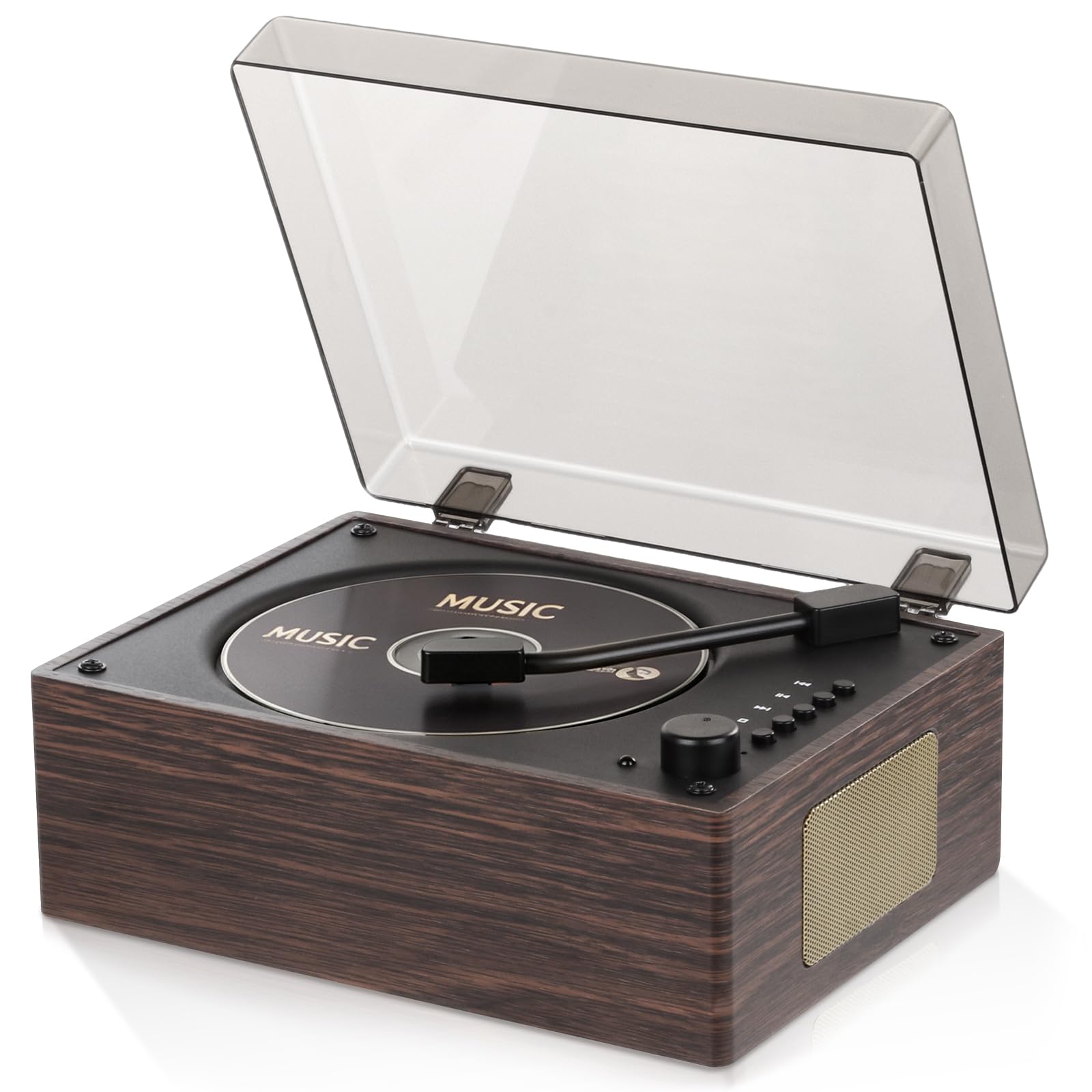 Lecteur CD Bluetooth 5.3 avec grain de bois pour la maison, lecteur de musique rétro de bureau, double haut-parleur Hi-Fi avec télécommande