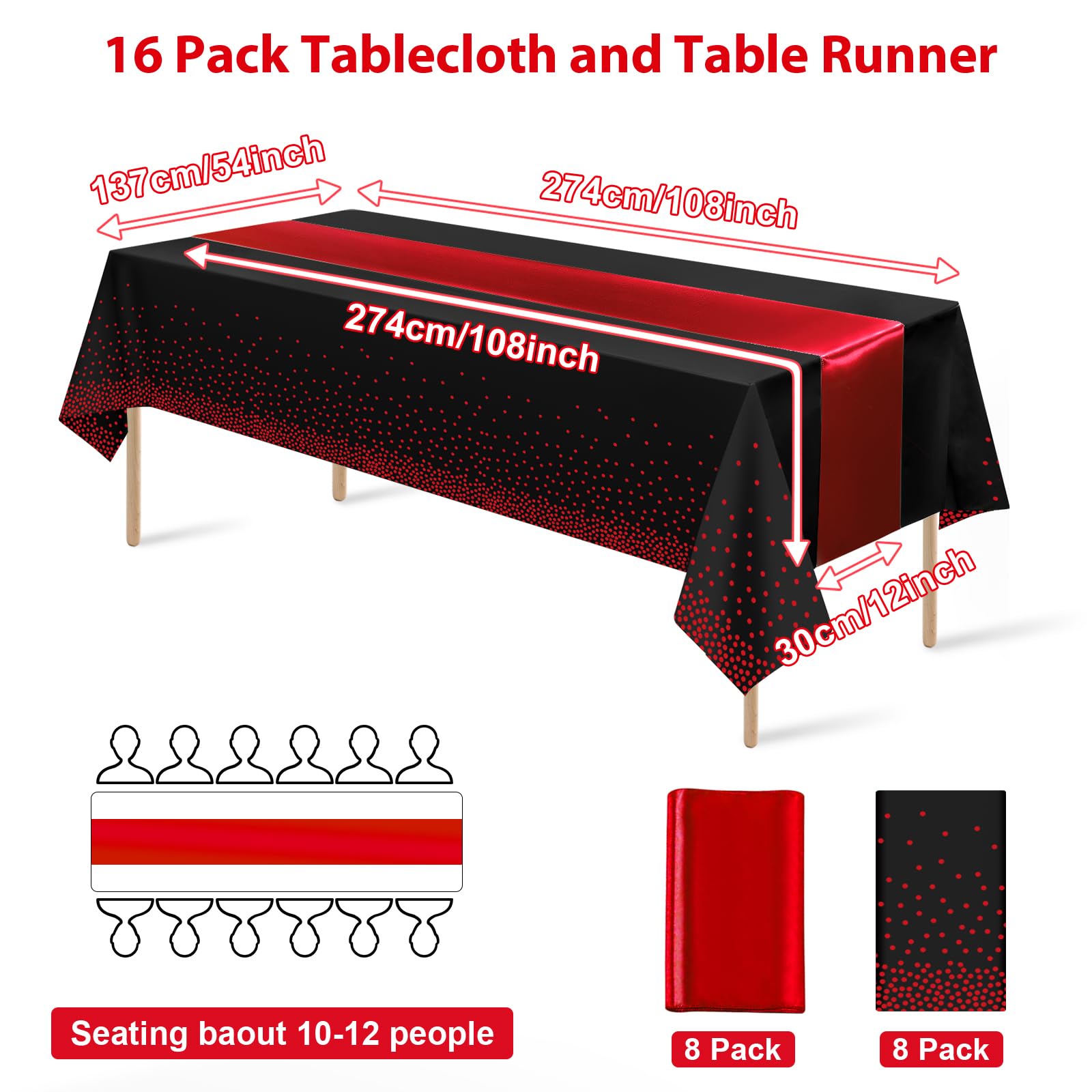 Juego de 16 manteles desechables de plástico para fiestas y camino de mesa de satén, mantel de lunares negros y rojos, camino de mesa de satén rojo para bodas, cumpleaños, baby shower, aniversarios,
