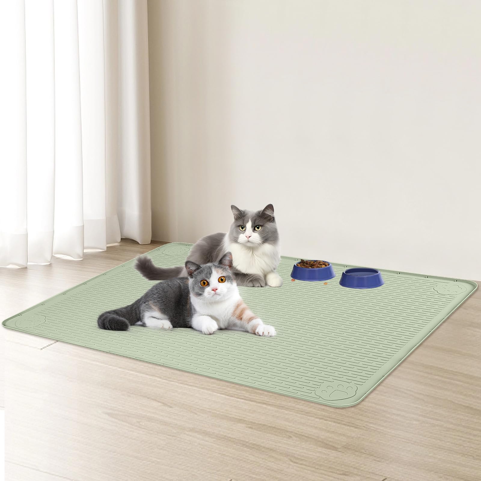 Extra große Silikon Katzenfuttermatte, 178x114cm Futtermatte für Haustiere mit erhöhtem Rand, Platzdeckchen für Futter- und Wassernäpfe, rutschfest, leicht zu reinigen (Grün)