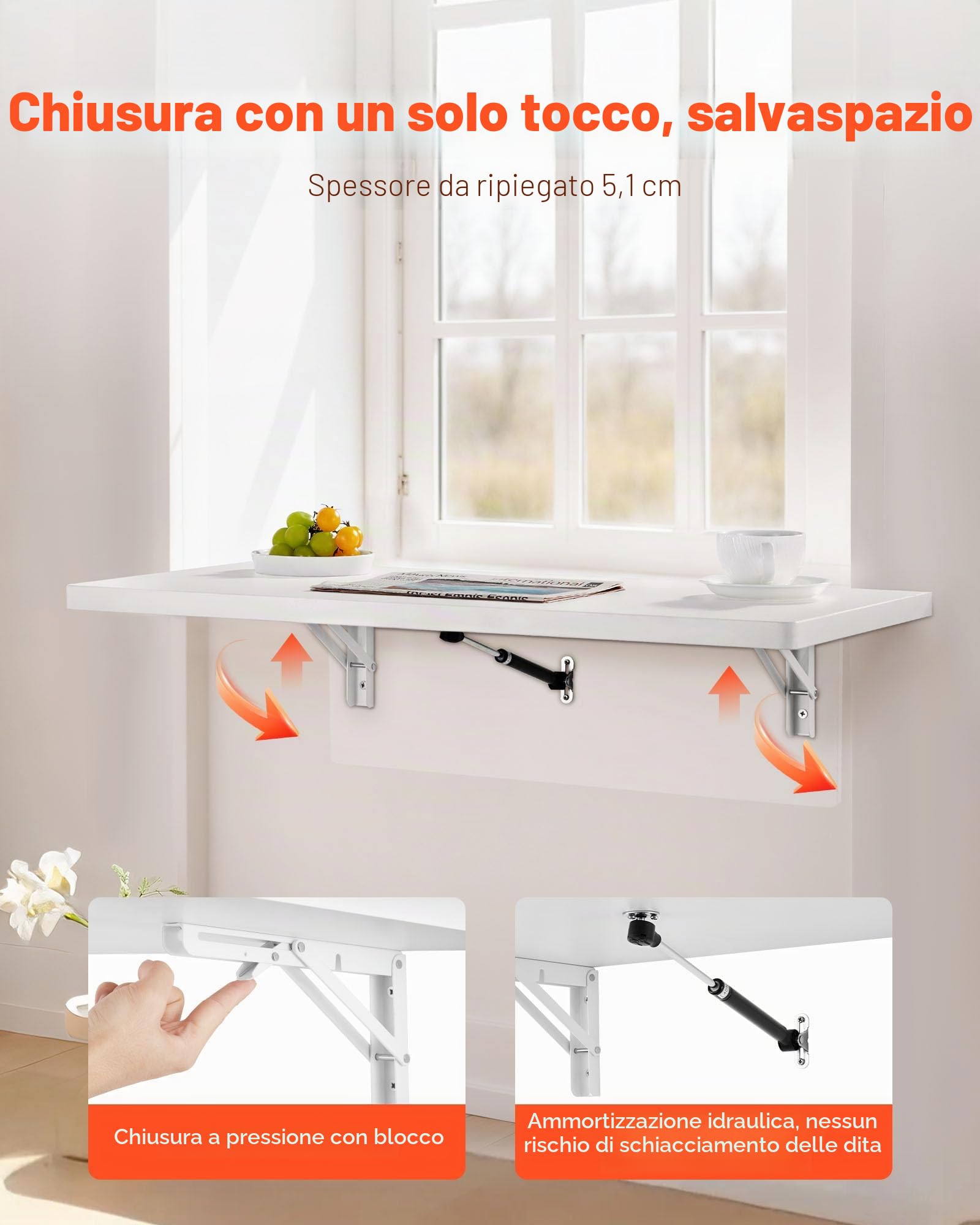 VEVOR Tavolo Pieghevole a Parete, Tavolo a Ribalta Montaggio a Parete 120 x 50 cm Scrivania Galleggiante Staffa in Ferro, Scrivania Pieghevole per Ufficio Domestico, Sala da Pranzo Cucina Bar Bianco