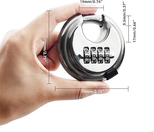 Miniatura 3 de Candado de disco de acero inoxidable de 4 dígitos (3 pulgadas) cerradura de combinación para exteriores para almacén, cobertizos, casilleros de