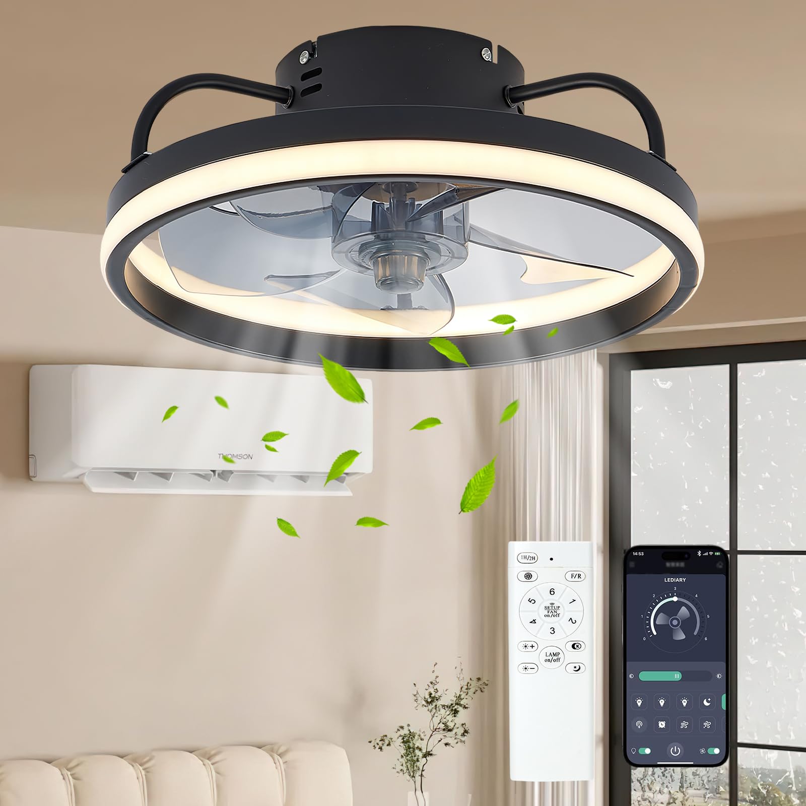 Ysinobear Black Led Ceiling Fans With Lights Reversible Remote, Led Dimmable 3 Colour 6 Speeds Reversible Fan Light, Quiet Low Profile Modern Fan Lights Ceiling For Bedroom Living Room Dining Room ﻿ (, 50Cm)
