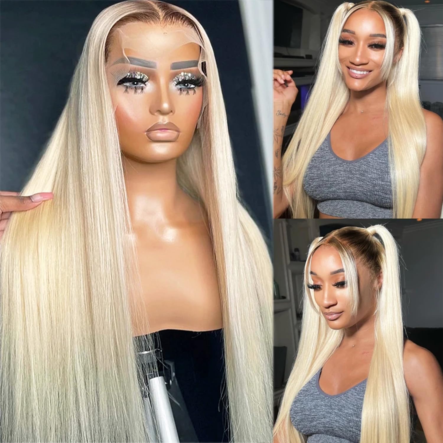 Photo 1 of Ombre Blonde 1B613 13x4 HD Lace Front Wig 34 Inch 180% Density Human Hair Glueless Wigs with Natural Dark Roots for Black Women 1B613 Lace Frontal Wig Pre Plucked Bleached Knots Long Blonde Ombre Wigs