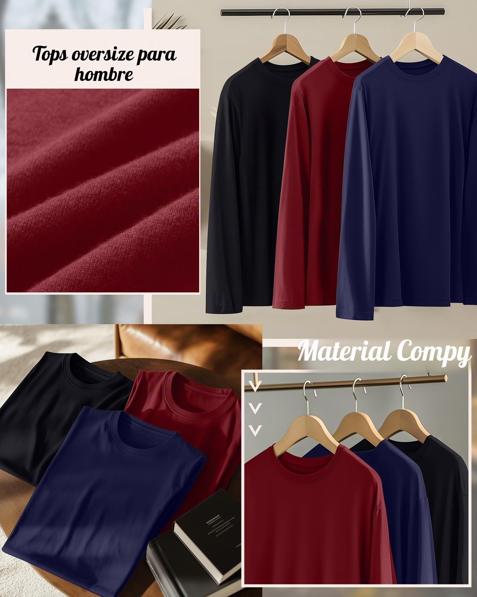 Ficerd - Paquete de 3 Camisetas de algodón de Manga Larga para Hombre, Tallas Grandes y Altas, Cuello Redondo, Talla Grande