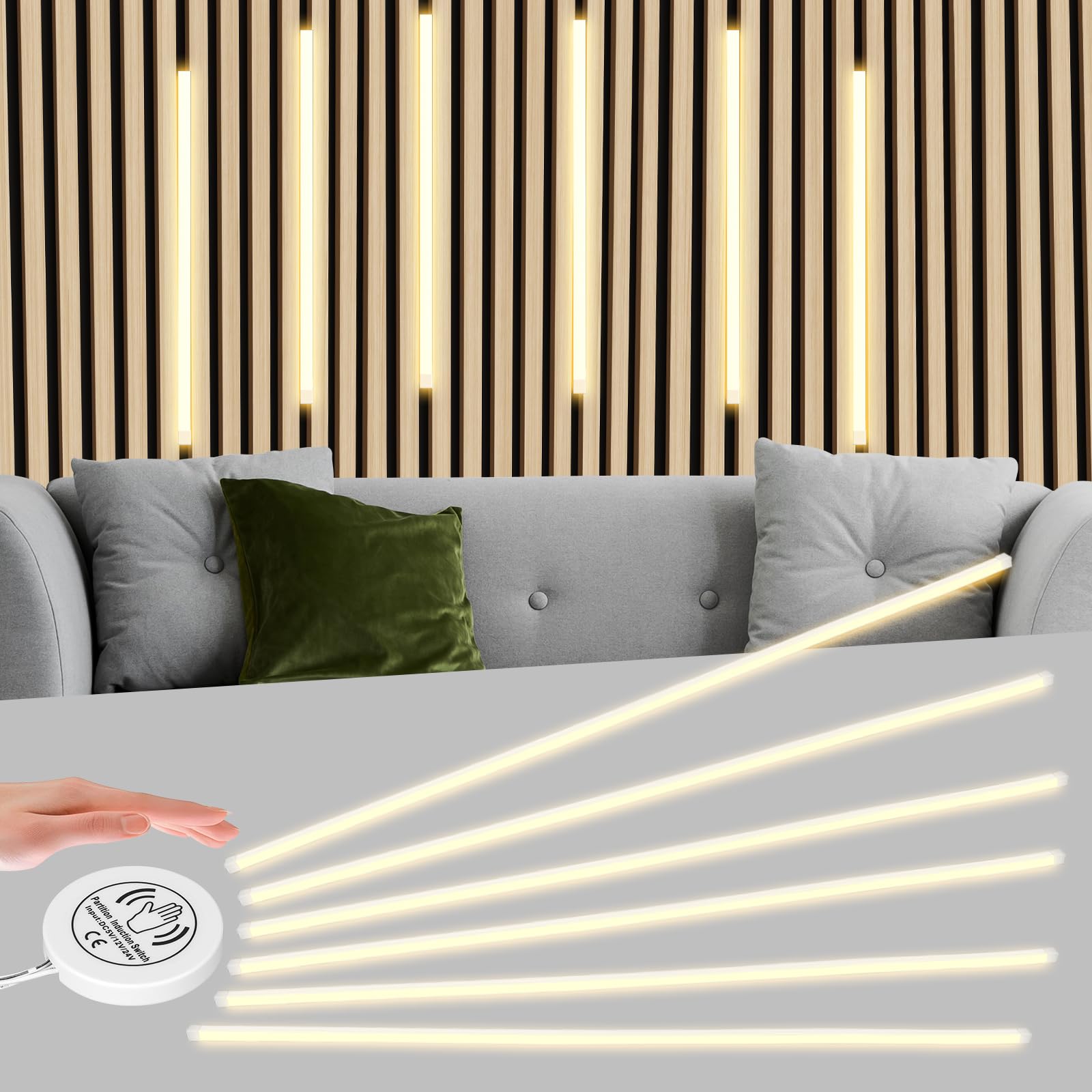 Tiras LED para Paneles Acústicos, 6 x 90 cm - Iluminación Dimmable con Sensor Táctil, Tira LED Incorporada y Cortable para Paneles Acústicos, Estantes, Armarios