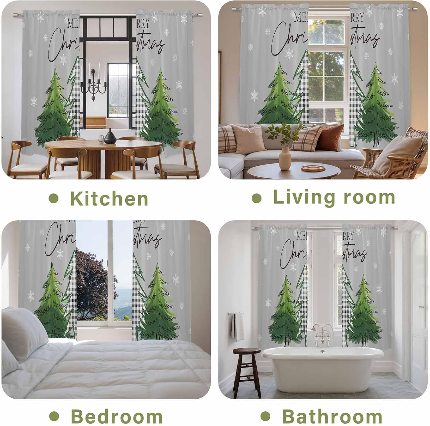 Grey Green Christmas Tree Window Curtains 72 Inch Long 2 Panel Set, Rod Pocket Long Curtains & Drapes, Xmas Trees Snowflake Winter Light Filtering Window Treatment for Bedroom Living Room 52"W x 72"L