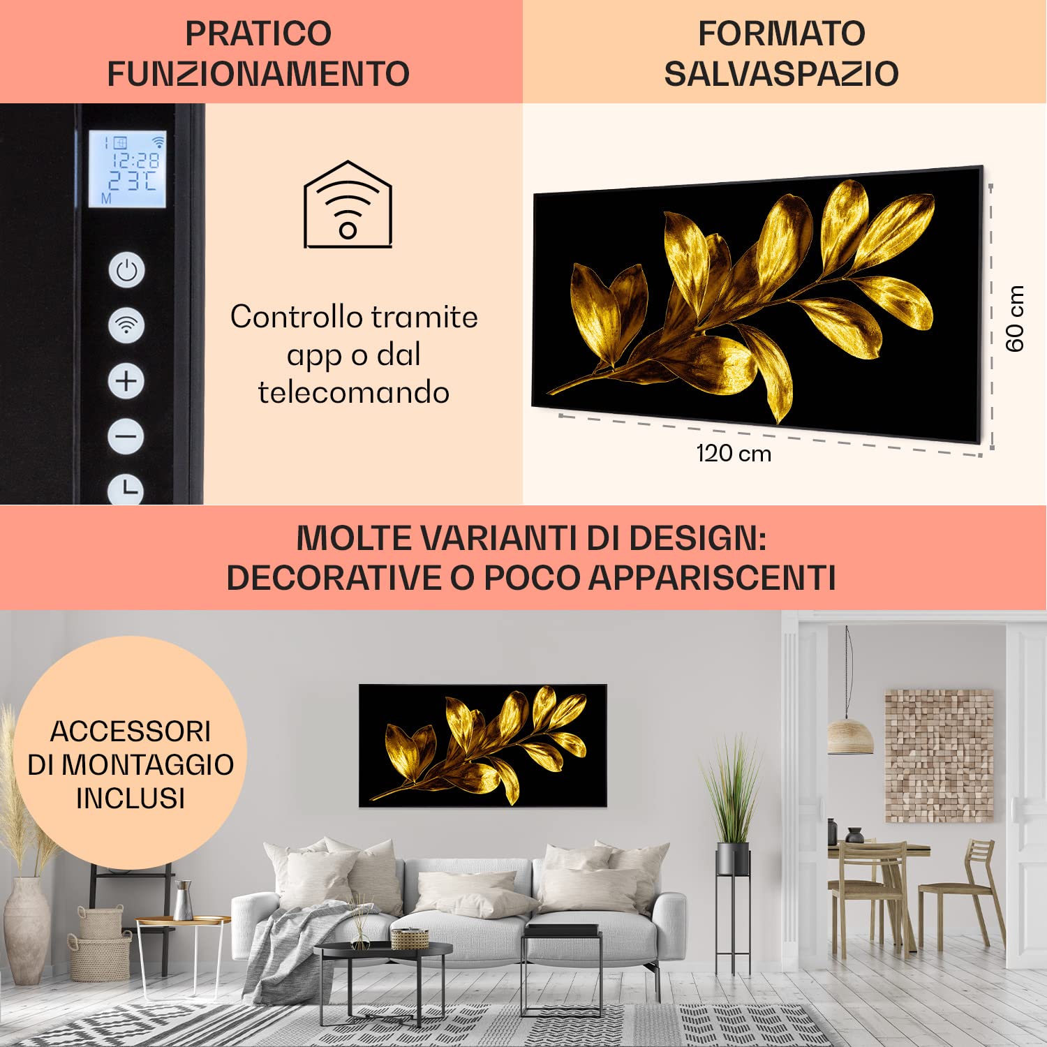 Klarstein Air Art Smart Stufa Elettrica Basso Consumo, Termoconvettore Elettrico da Parete 700W con Controllo IoT/WiFi App, Termosifone Elettrico a Muro, Pannello Radiante Infrarossi, Senza CO2