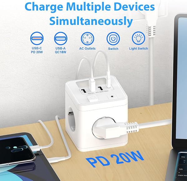 Ladron Enchufes USB C 20W con 4 Tomas, Cubo Regleta Enchufes 1.5 Cable con 1 USB C y 3 USB A, Enchufe Múltiple con Interruptor y luz Nocturna para Viajes, Cocina, Oficina - 2