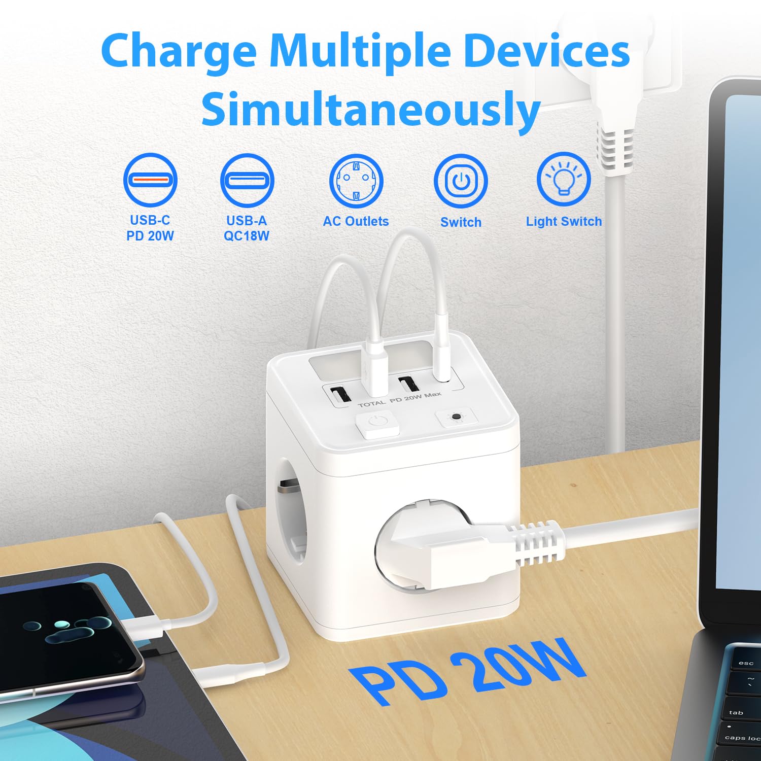 Ladron Enchufes USB C 20W con 4 Tomas, Cubo Regleta Enchufes 1.5 Cable con 1 USB C y 3 USB A, Enchufe Múltiple con Interruptor y luz Nocturna para Viajes, Cocina, Oficina — view 2