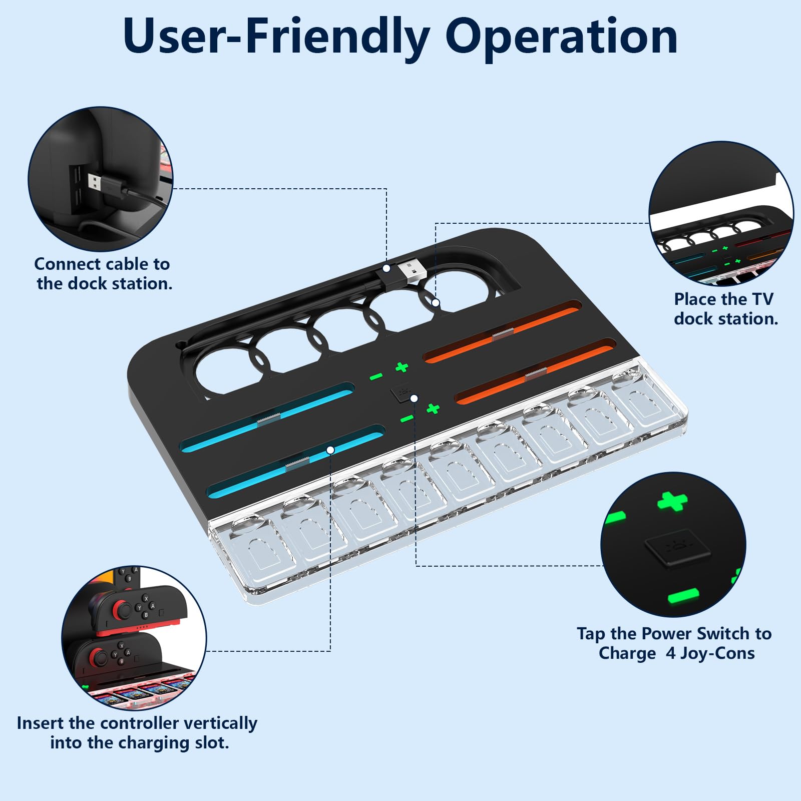 Caricatore Joycon per Nintendo Switch 2, Stazione di Ricarica per Controller Switch 2 con 7 Luci RGB/9 Memorizzazione Della Scheda di Gioco, Compatibile con 4 Joy Con