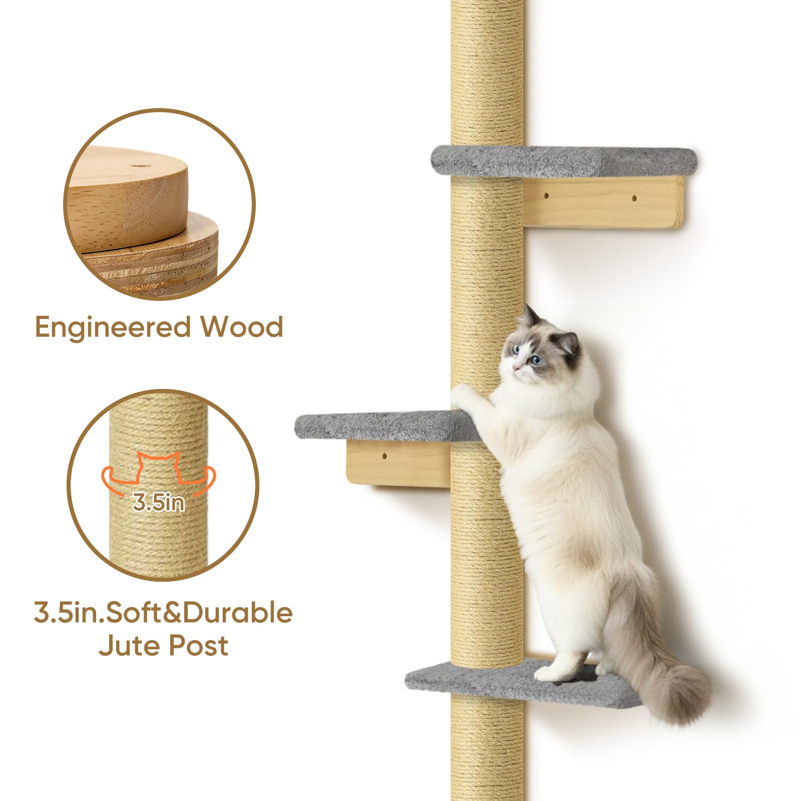 PAWSCRAT Cat Wall Shelves, Wall-Mounted Cat Tree, 5 Tier Floor to Ceiling Cats Tower, 80 Inch Wall-Mounted Cat Scratching Post, Space Saving Cat Furniture and Easliy Climb for All Cats, Gery - image 2