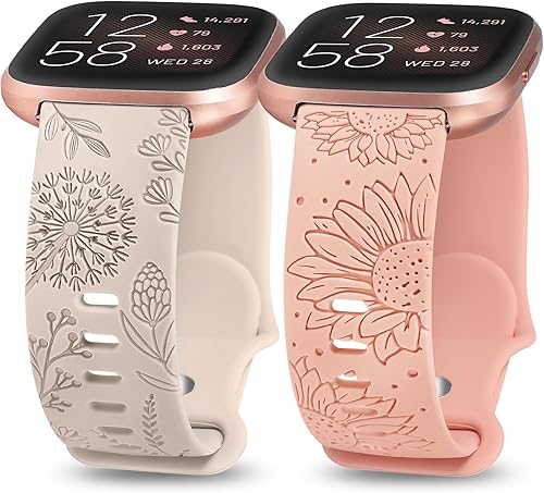 Minyee Paquete de 2 correas grabadas florales compatibles con correas Fitbit Versa 2Fitbit VersaVersa Lite para mujer, bonita correa de silicona