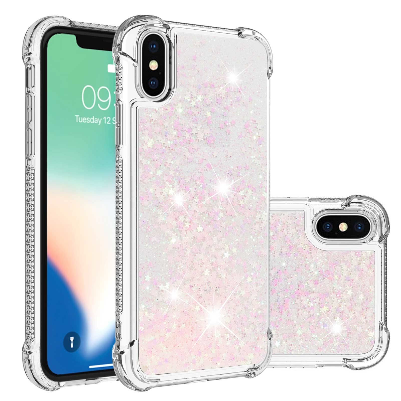 Compatible with iPhone X Case Protective Liquid Glitter Pink, Bling Sparkle Flowing Waterfall Liquid Back Cover Soft Rubber Protection Case Glitter Phone Case Scratch Compatible with iPhone X/XS