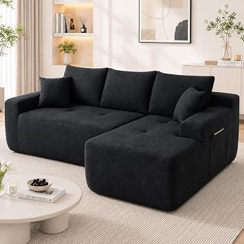 Rovibek 85" Boneless Sectional Couch, Black Sectional Couch with Chaise | Cotton Linen L Shaped Boneless Couches for Living Room, No Assembly Required Living Room Sofa