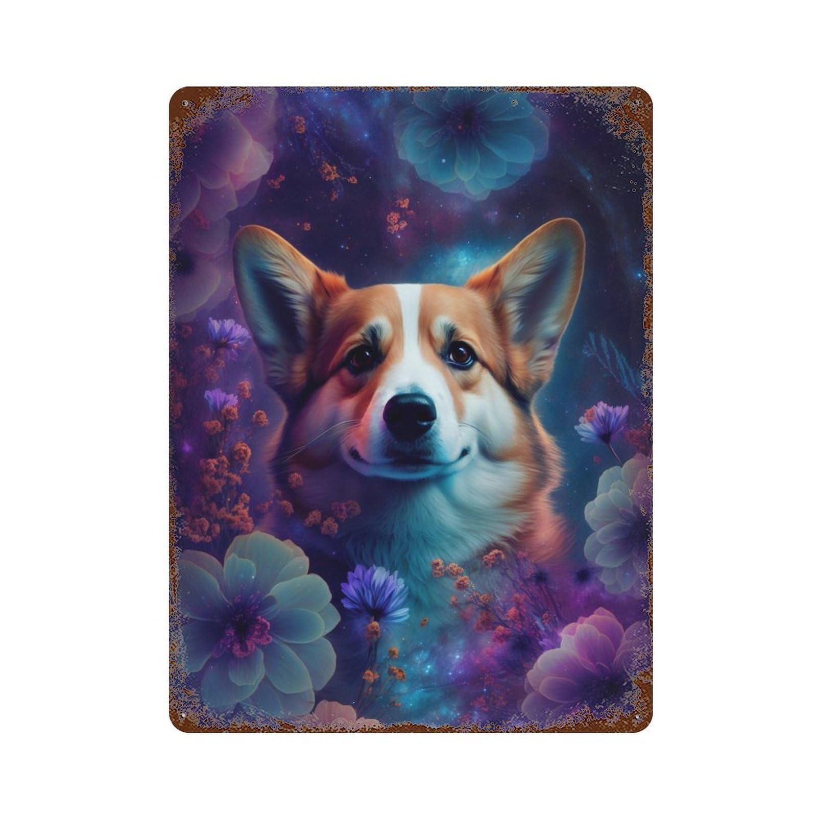 Garage Style Magical Corgi in Floral Fantasy Weathered Tin Sign 15.7"x11.8", Farmhouse Wall Decor for Bar And Workshop