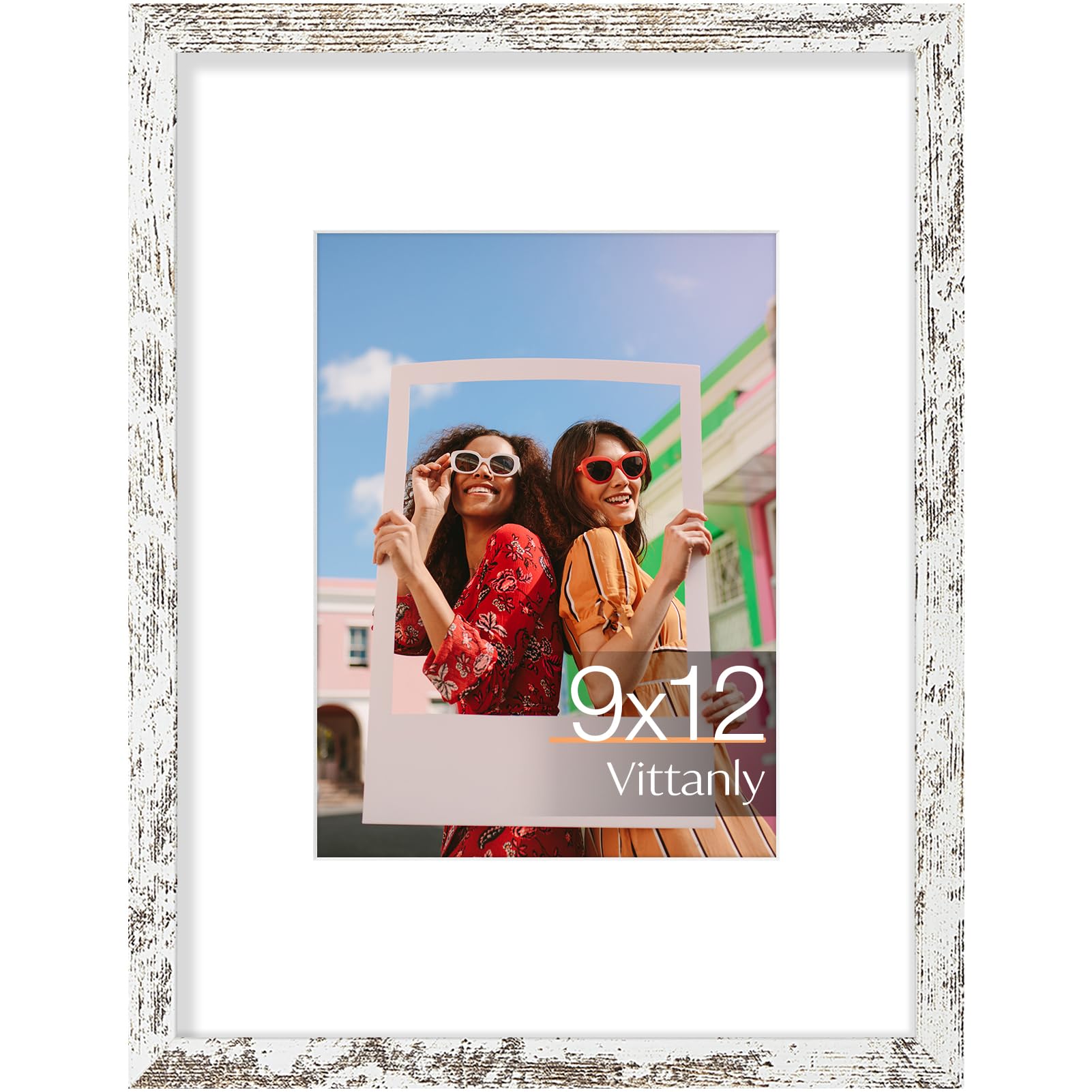 Vittanly 9x12 Picture Frame, Matted for 6x8 Photos, Distressed White — image 1