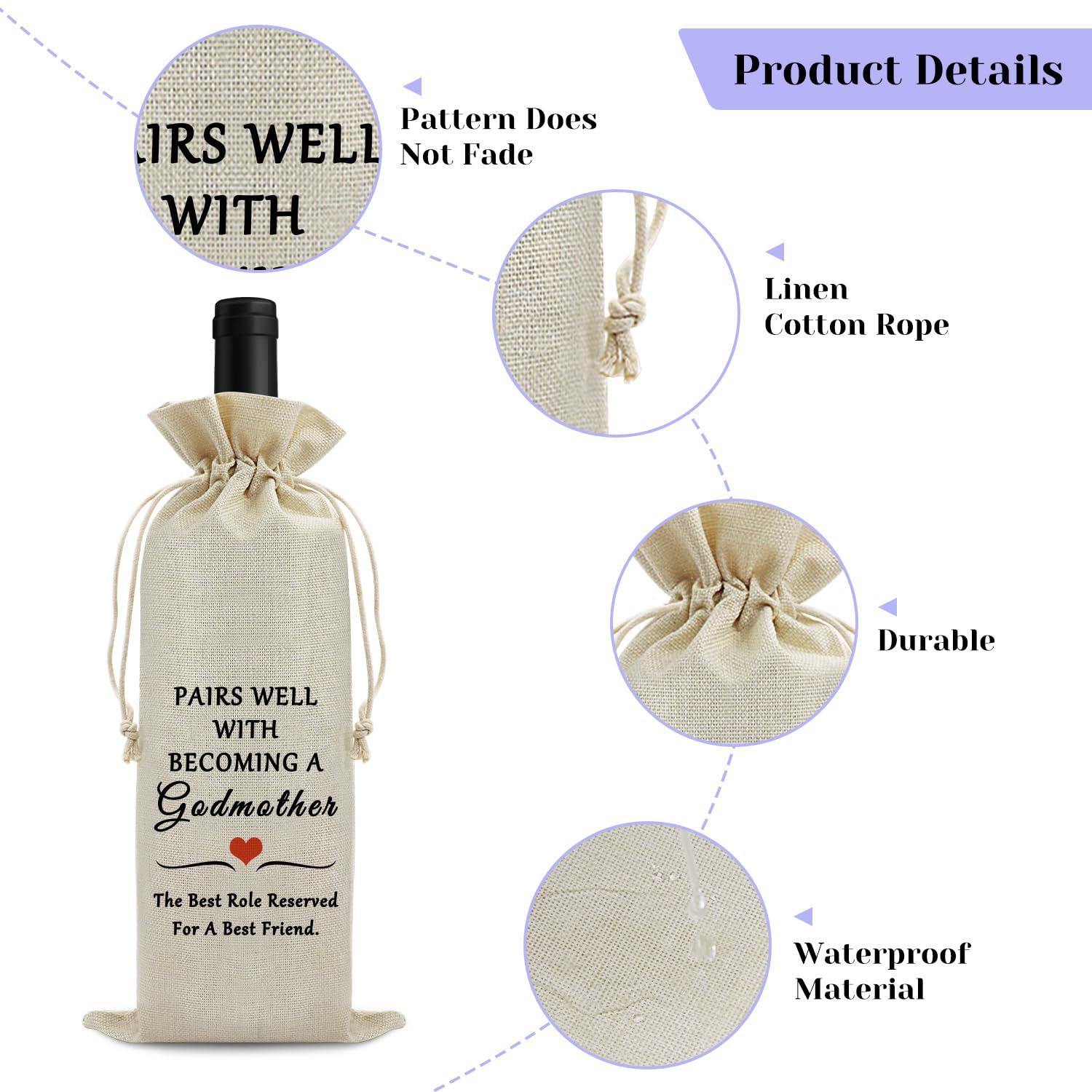 Godmother Gifts Wine Bags Baptism Gift for Best Aunts Friend Sister Godmother Proposal Gift Christening Gift for Godmother Wine Bottle Bag First Communion Gifts for Godmother Mother's Day Gifts - Image 3