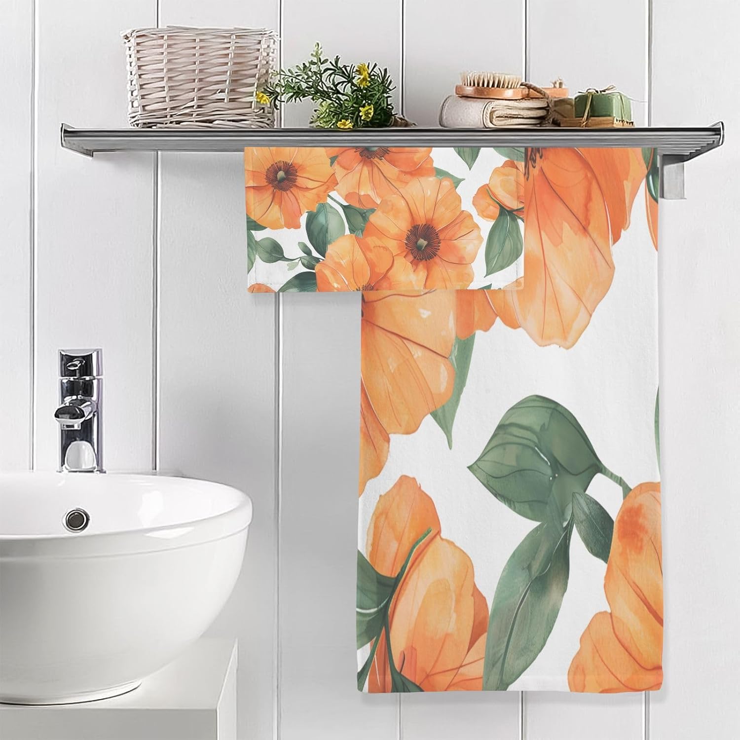Hand Towels Premium Soft and Highly Absorbent Orange Flowers 2 Pcs Towels for Bathroom Set 100% Cotton Decorative Face Towels