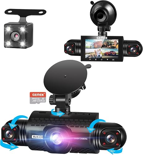 360 Degree View 4 Channel Dash Cam 5G WiFi & App Control, GEMEK 2K Front and Rear Inside, Left and Right Dash Camera for Cars, Free 64GB TF Card, G-Sensor, Night Vision, 24 Hour Parking