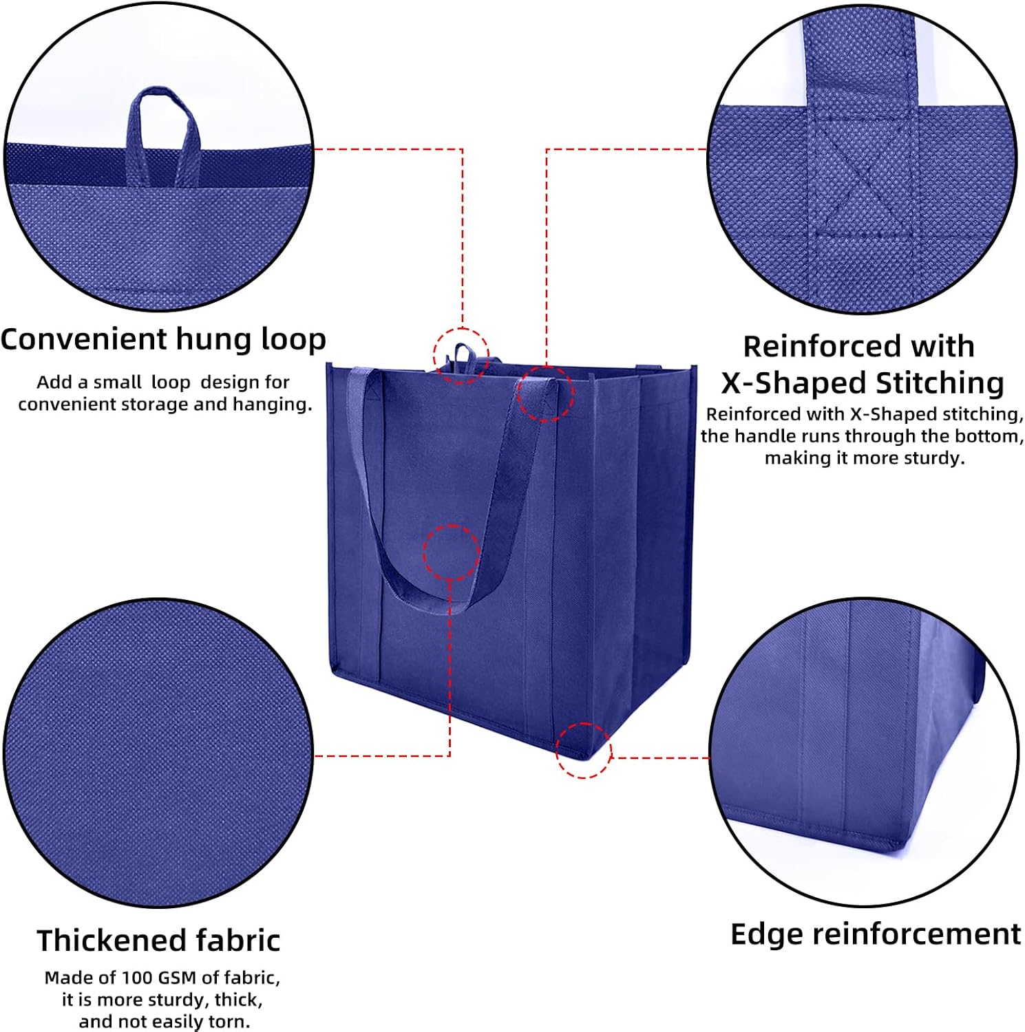 6 Pack Reusable Reinforced Handle Grocery Bags - Heavy Duty Large Shopping Totes with Thick Plastic Bottom can hold 45+ lbs (6, Blue) - Image 3