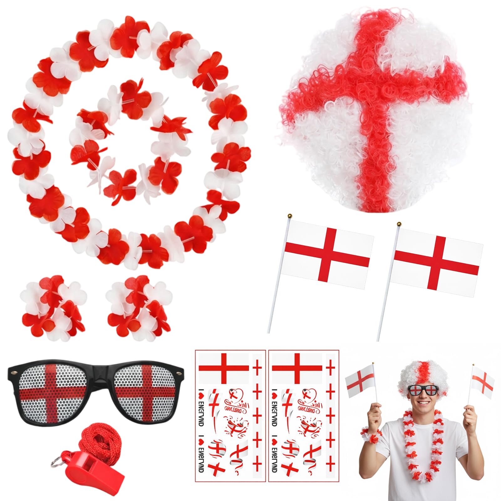 11PCS England World Cup 2026 Merchandise, England Football Supporter Accessories Set, Stadium Cheering and Pub Match Viewings, Complete Fan Kit with Wig, Glasses, Garlands, Stickers, Whistle and Flags