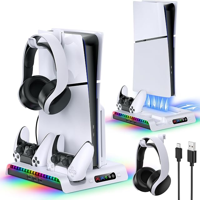 FASTSNAIL Charging Stand with Cooling Fan for PS5 Slim Console, Dual Controller Charger Station with 9 RGB Lights & Headset Hook & 3-Level Silent Fan, Cooler Accessories for PS5 Slim Digital/Disc