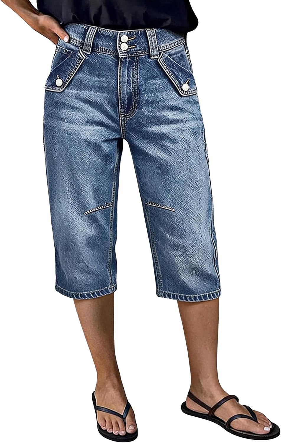 Flamingals Womens Barrel Leg Capri Jeans High Waist Knee Length Dual Button Casual Summer Casual Denim Jeans for Women