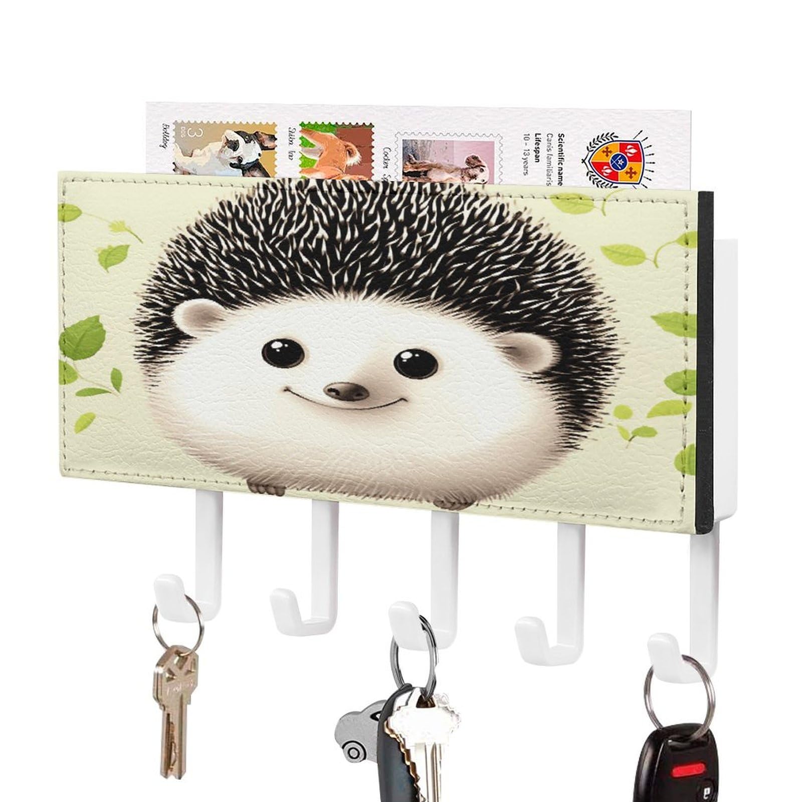 Vstadank White-Style Cute Hedgehog Key Holder For Wall Decorative Mail Organizer Exquisite Coat Rack Pu Wall Mount Adhesive Keys Rack With Tray&5 Key Hook For Door Hallway Entryway Decor