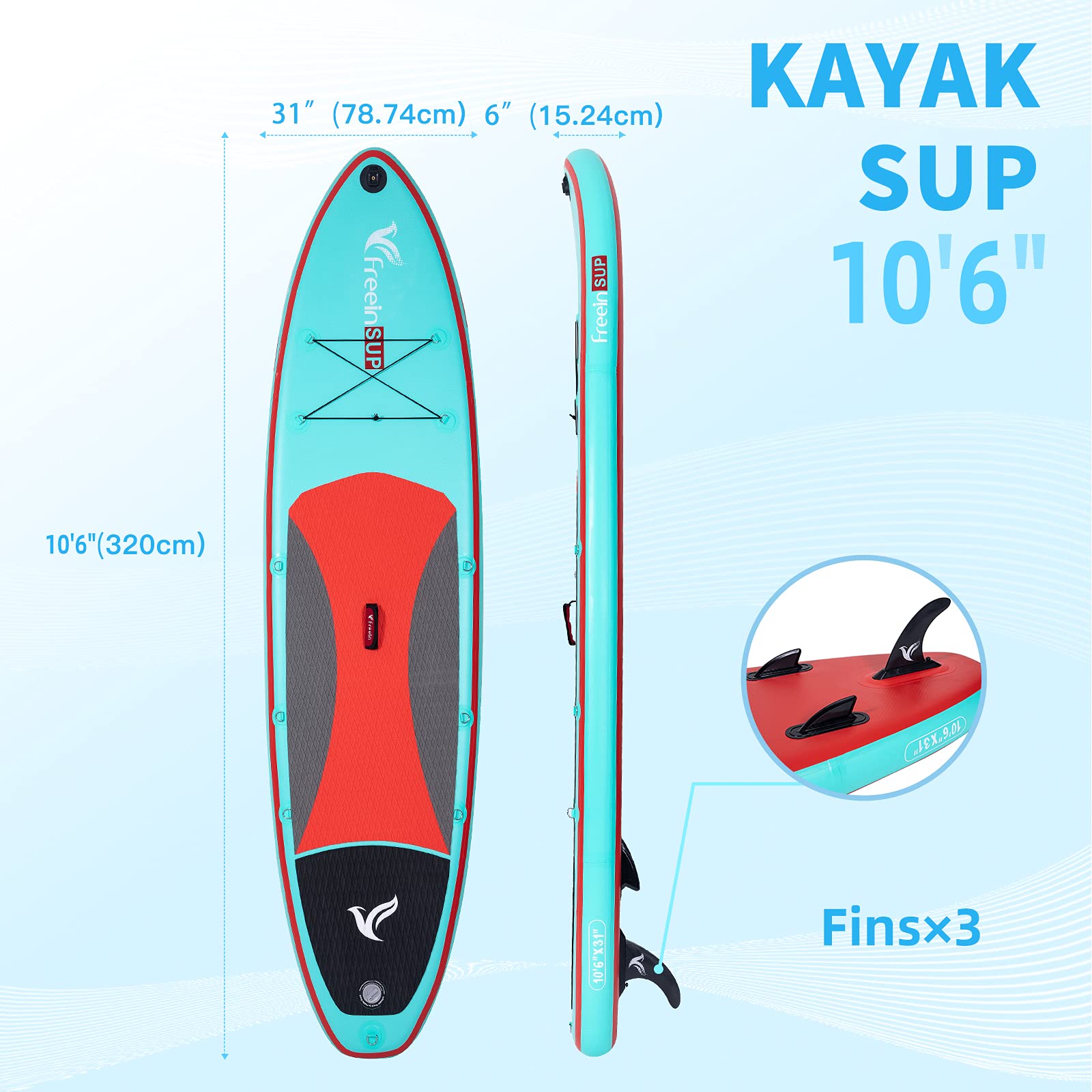 Freein Stand Up Paddle Board Kayak SUP Inflatable Stand up Paddle Board SUP 10'/10'6”x31 x6, 2 Blades Paddle, Dual Action Pump, Triple Fins, Leash, Backpack