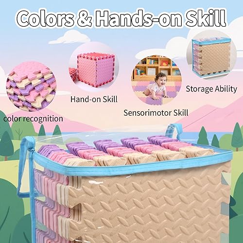 Miniatura 8 de Tapete de juego de espuma para bebé, tapete entrelazado de 0.4 pulgadas de grosor con colores sólidos, cuadrados suaves y no tóxicos, tapete de