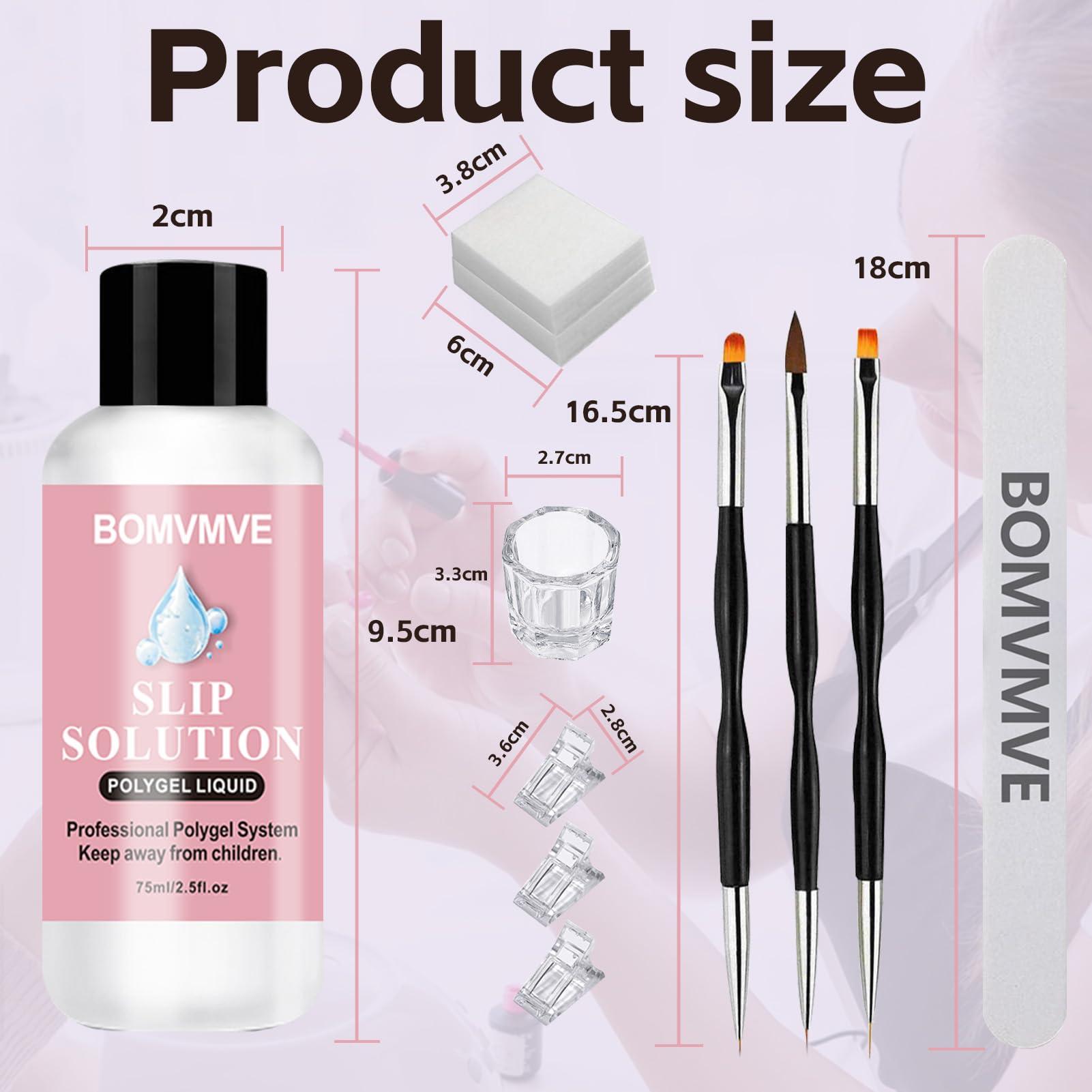 Slip Solution Polygel, Solution de Glissement pour Polygel Ongles, Kit Ongle Gel Anti-adhérence,Comprend une Pince à Ongles,une Brosse à Ongles,un Verre en Cristal et des Lingettes Nettoyantes