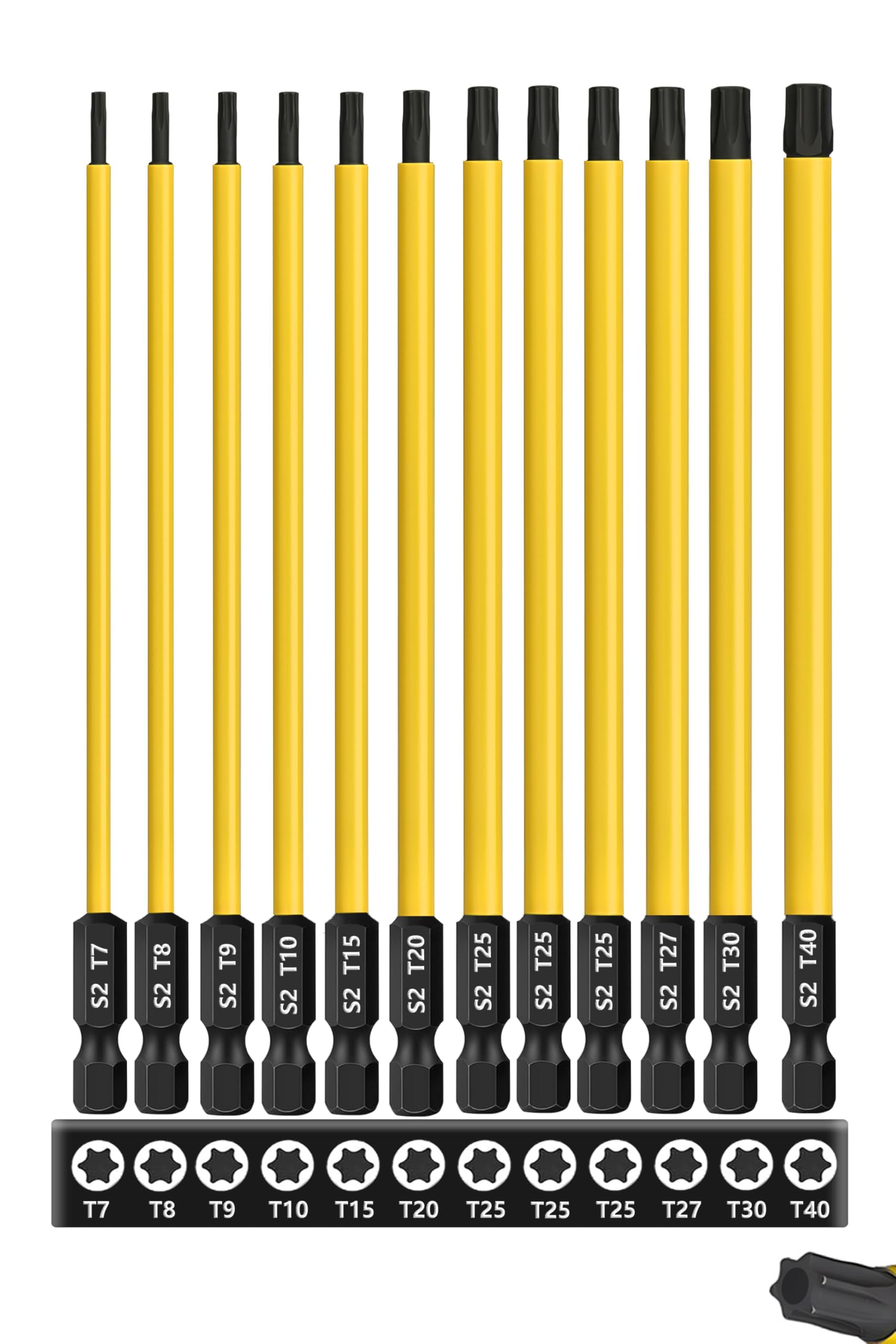 Saipor 12PCS T7-T40 Torx Screwdriver Bit Set 6 Inch / 150mm Long Star Screw Driver Drill Bits S2 Steel Magnetic Torx Head 1/4 Inch Hex Shank Security Tamper Proof Star 6 Point Impact Driver Bit