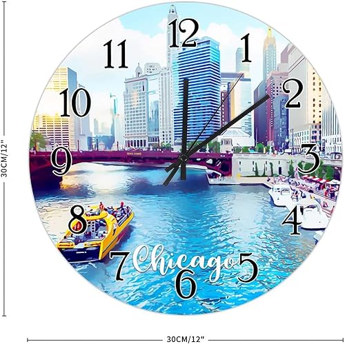 Miniatura 2 de American Cities in Illinois States - Reloj de pared de madera con diseño de ciudades estadounidenses y Chicago, reloj de pared colgante de granja,