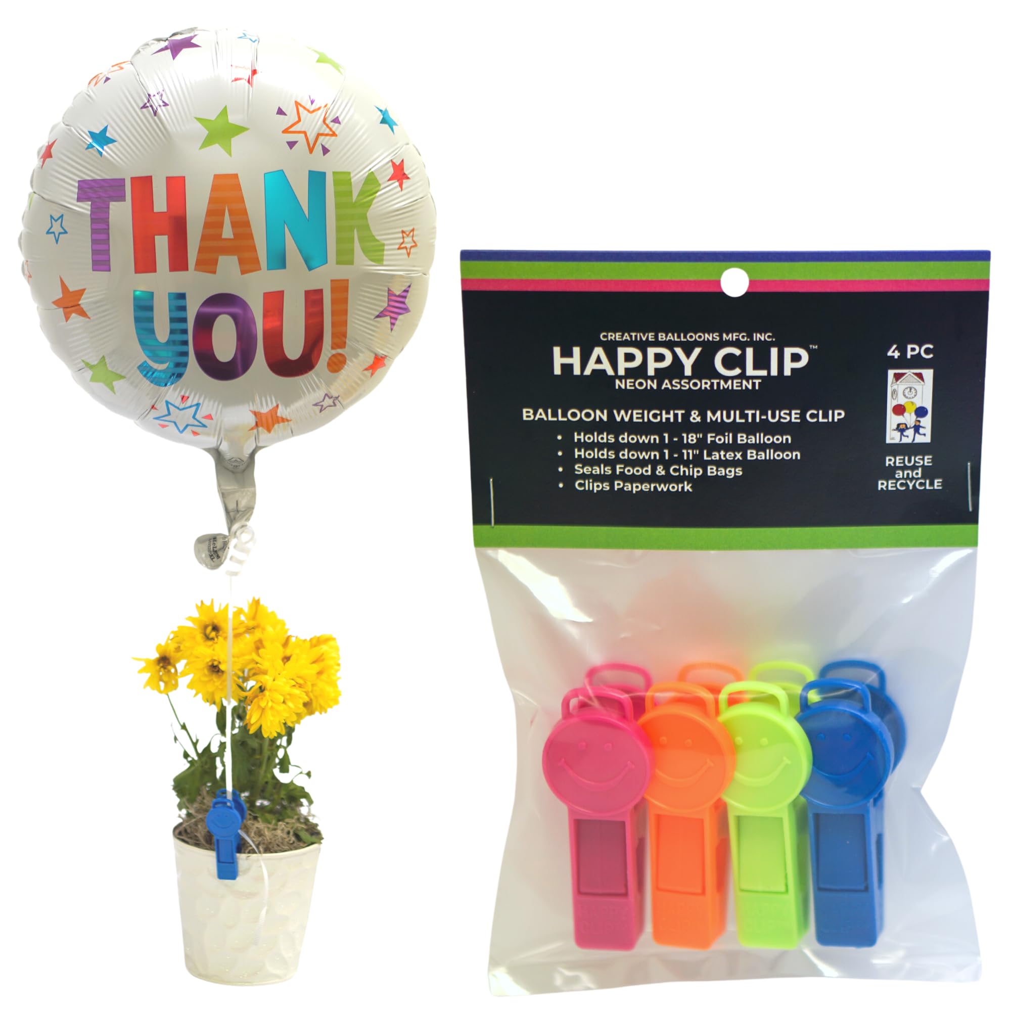 Creative Balloons™ Happy Clip™ Neon Asst – 9 g Balloon Weight & Multi‑Use Clip – 4‑Pack for Helium‑Filled Balloons, Party Décor & Everyday Use