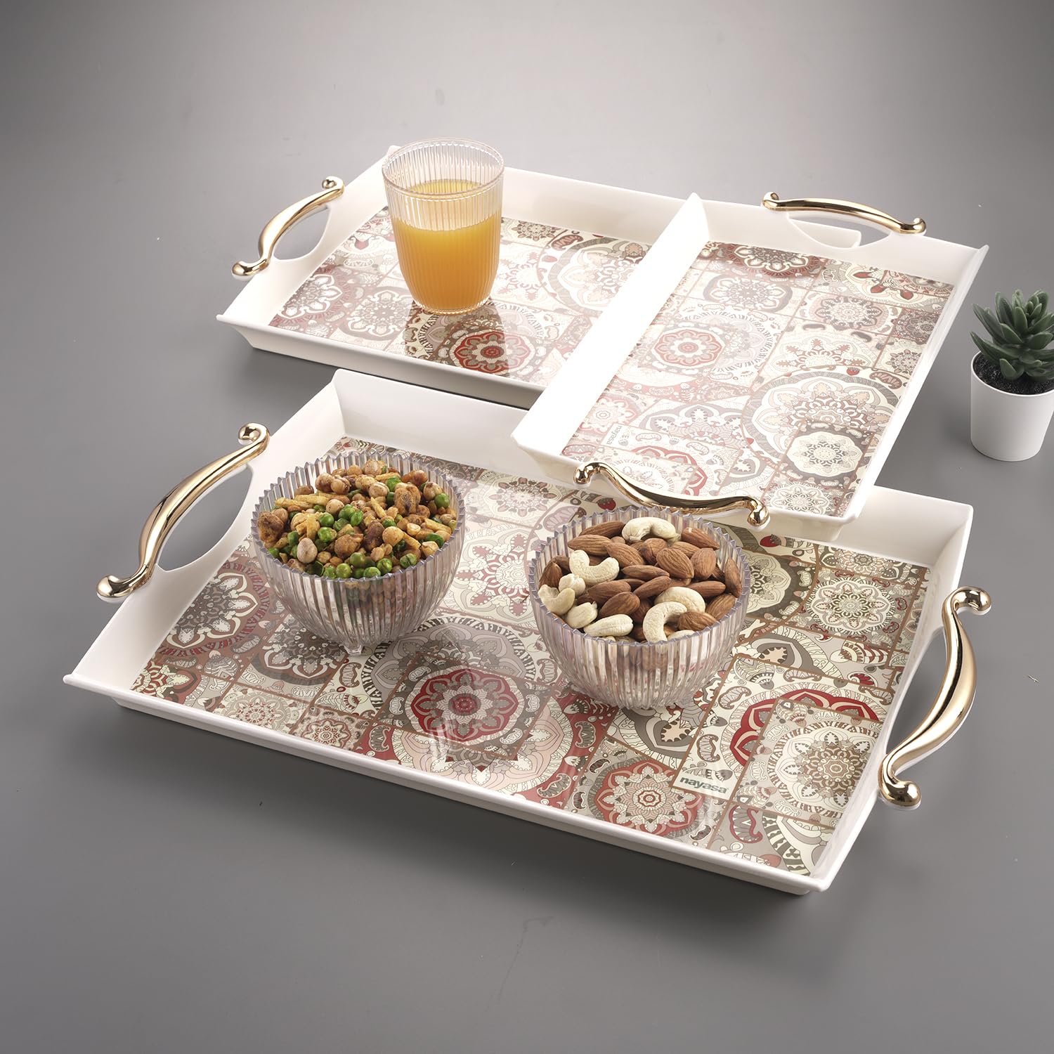 Nayasa Regency Plastic Rectangular Serving Tray Set of 3 (Small, Medium, Big) | Kitchen Tray for Serving Tea, Coffee, Snacks | Multi Purpose Serveware | Beige-image-45