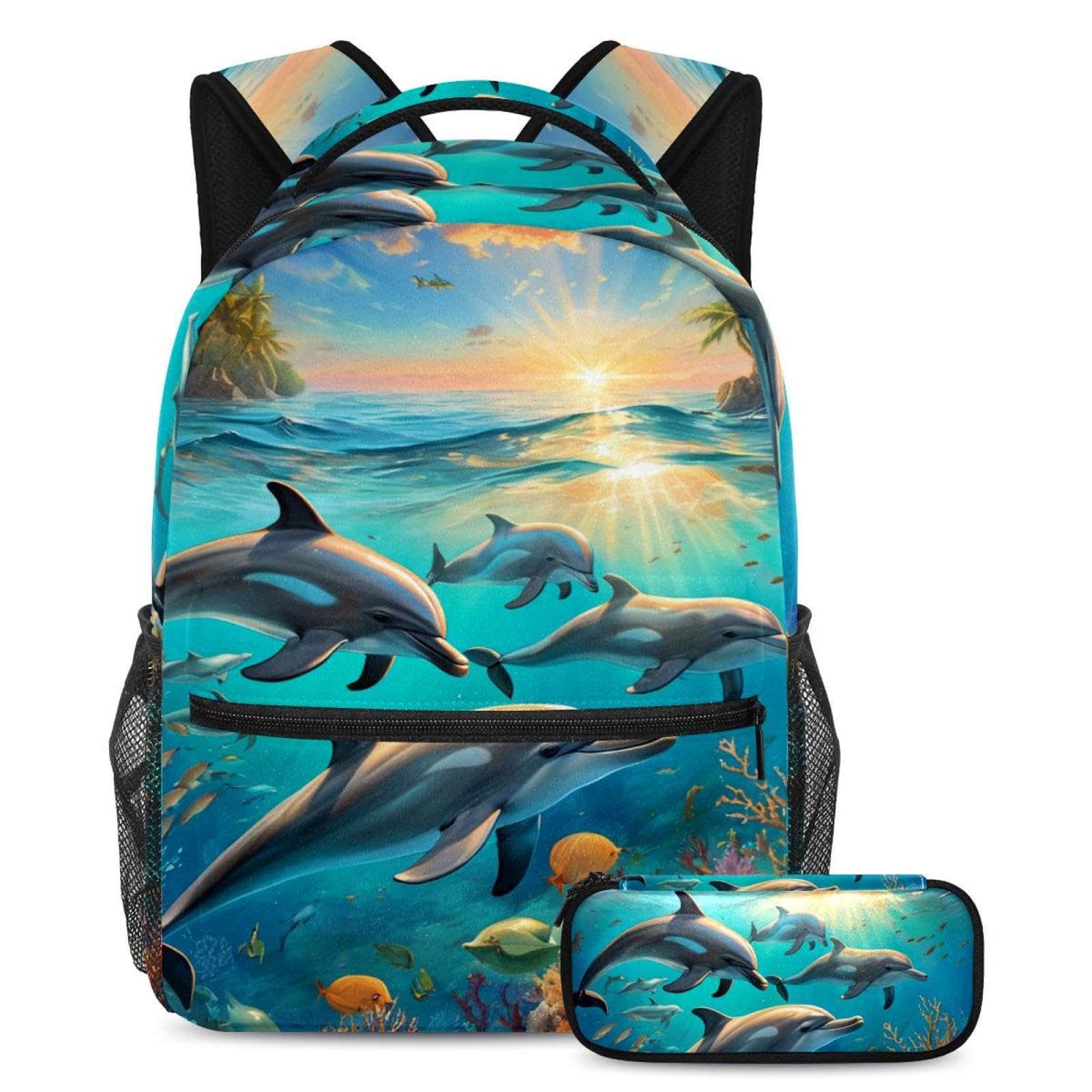 Sac à dos avec trousse dauphin mignon multicolore pour école et adolescents