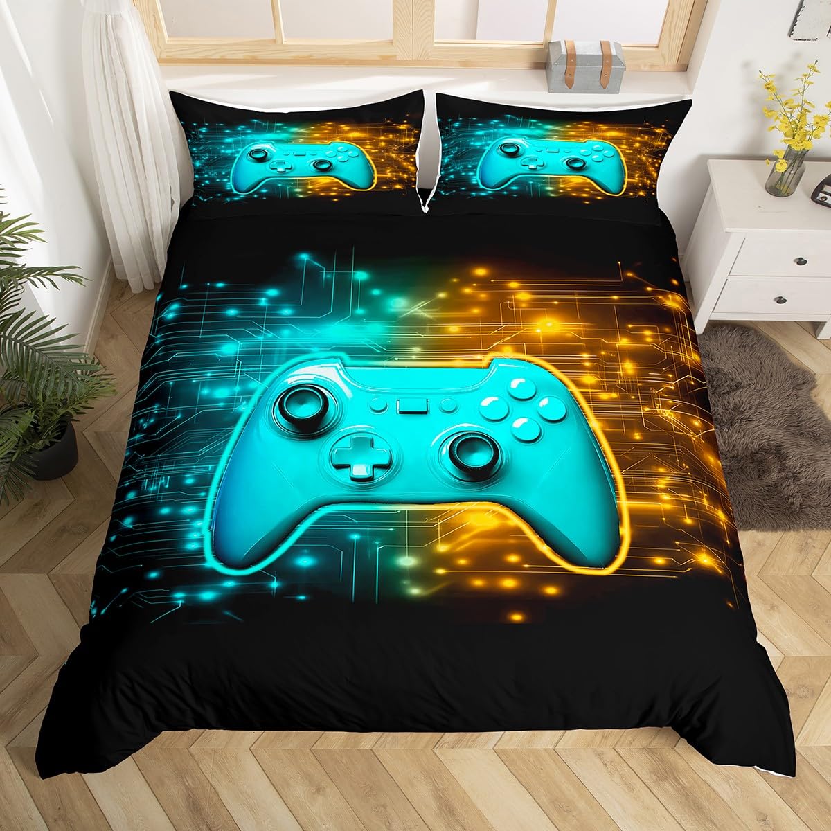 Homemissing Gamer Duvet Cover Set Single Size Blue Gaming Breathable Bedding Set Golden GamePad Zippered Duvet Cover with 1 Pillowcase Kids Games Controller For Teenager Boy - Image 3