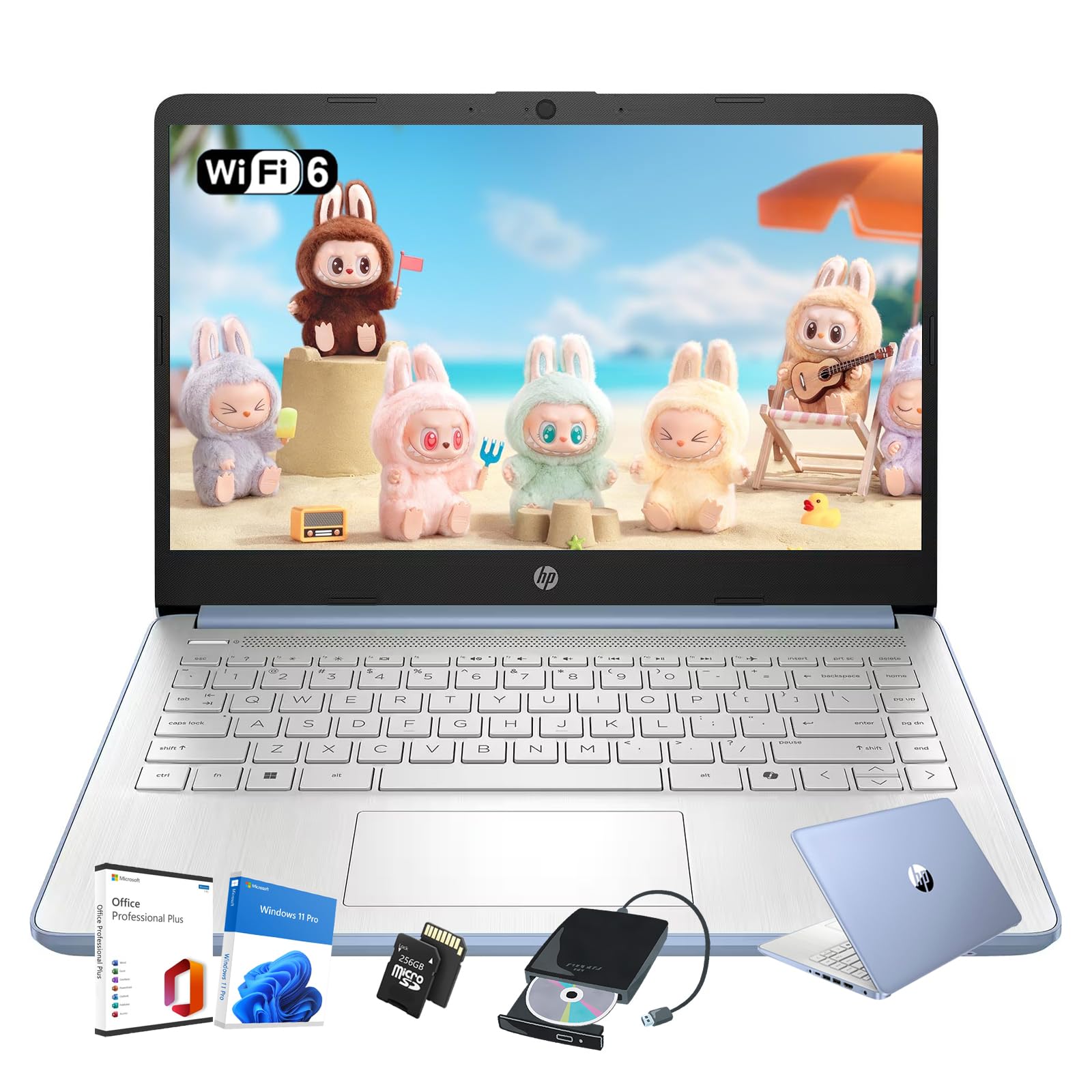 HP 14 Laptop Student Business Computer - w/Office Lifetime • 14 inch LED • Intel N150 Processor • Copilot AI • 12 Hr Battery • Win 11 Pro • w/DVD Drive • 16GB RAM 384GB Storage (128GB UFS+256GB MSD)