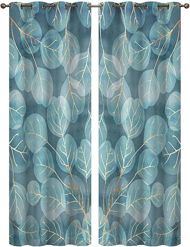 Miniatura 4 de Cortinas opacas de ramas de hojas azules y doradas de 84 pulgadas de largo, cortinas abstractas para sala de estar, juego de 2 paneles, ojales en la