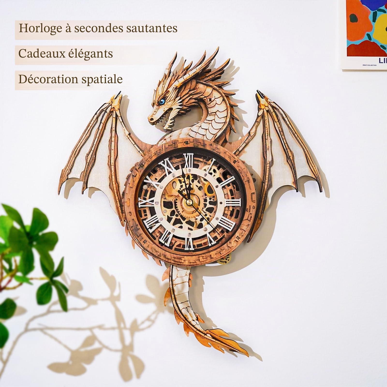 Puzzle 3D pour adultes-montre dragon avec horloge fonctionnelle, puzzle en bois 3D (33 x 37,3 cm), puzzle 3D animaux de bureau/décoration murale pour la maison/cadeaux pour amis/nuit de