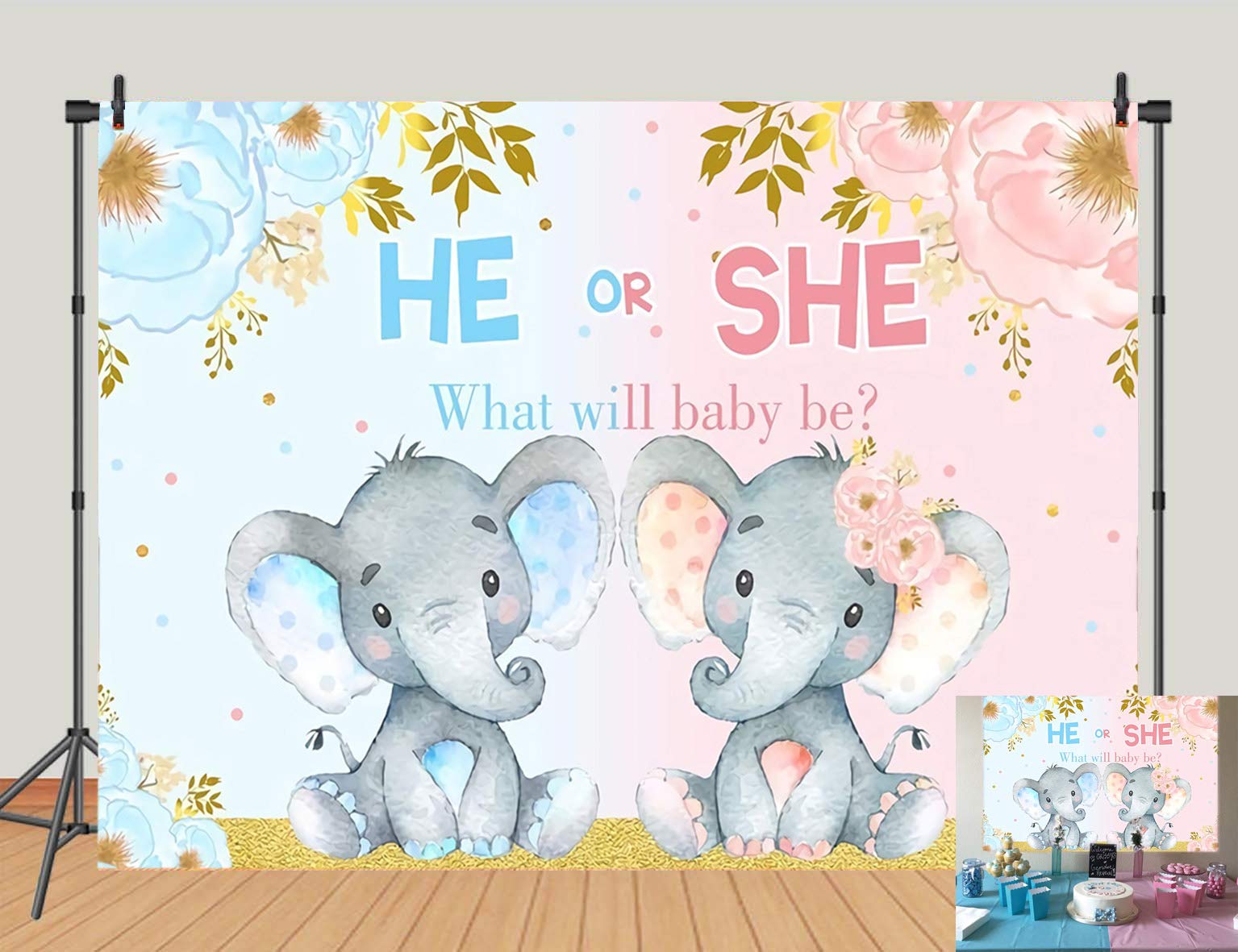 YQ Pink or Blue Elephant Flower Backdrops Elephant Gender Reveal Theme Party Photography Background He or She What Will Baby Be Baby Shower Photo